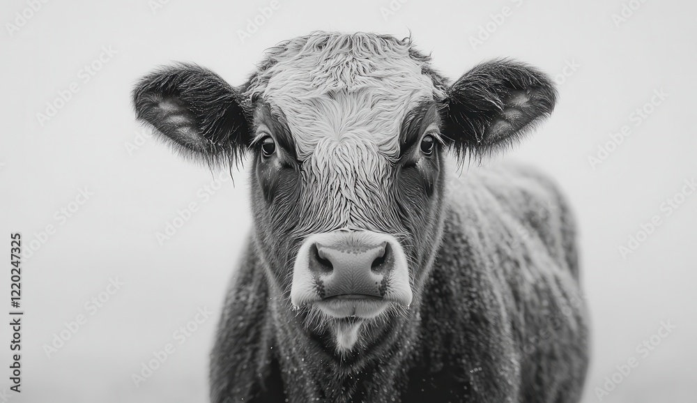 Close-Up of a Young Cow in Black and White, Capturing the Detail of Its Wet Fur and Expressive Face in a Softly Blurred Background for Artistic and Farm-Themed Projects Close-Up of a Young Cow in Black and White, Capturing the Detail of Its Wet Fur and Expressive Face in a Softly Blurred Background for Artistic and Farm-Themed Projects