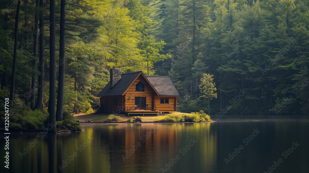 Fototapeta premium Rustic Log Cabin by a Tranquil Lake in the Forest