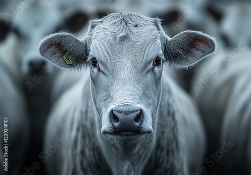 Wallpaper Mural Close-Up Portrait of a White Cow with Expressive Eyes Surrounded by Other Cattle in a Farm Environment Capturing the Essence of Rural Livestock Farming Torontodigital.ca