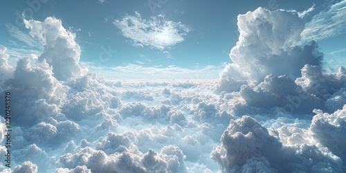 Panoramic view of fluffy white clouds and blue sky from above. photo