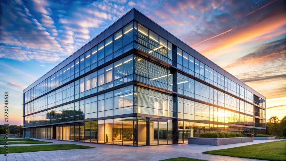 Obraz premium Sleek glass and steel fa?ade of a contemporary office building at sunset, sunset, modern design
