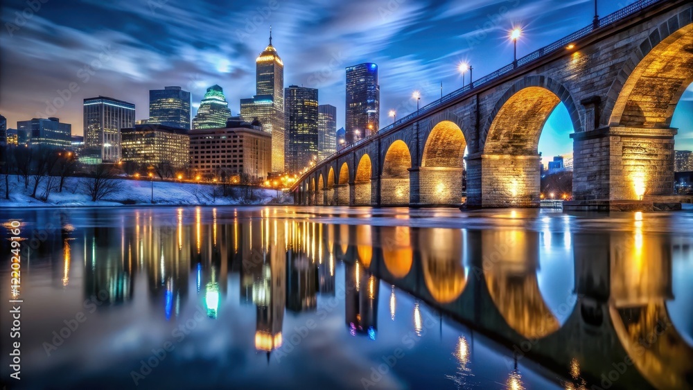Dark reflection of Stone Arch Bridge in icy Minnesota lake at night with city lights, stone arch bridge, minneapolis skyline Dark reflection of Stone Arch Bridge in icy Minnesota lake at night with city lights, stone arch bridge, minneapolis skyline