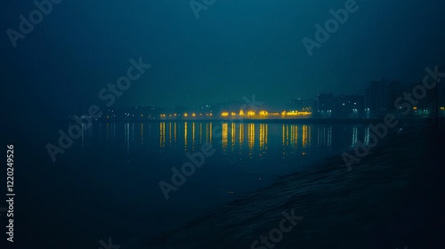 Wallpaper Mural A long shot of the night view from the city, with yellow lights reflecting on the calm sea water, seen across to the distant yellow town, in darkness with the subtle glow of neon signs and streetlight Torontodigital.ca