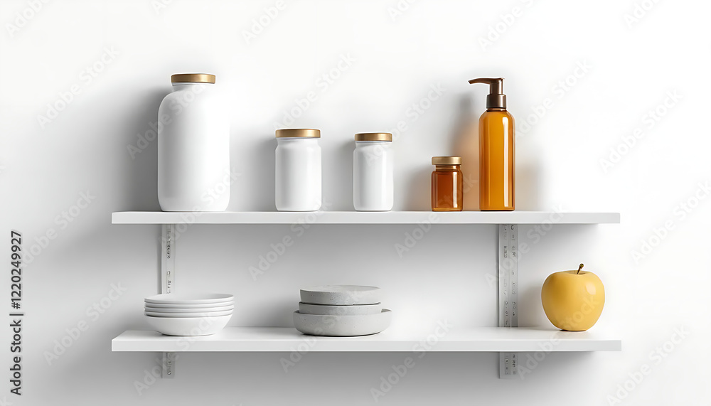 Stylish White Shelves with Jars and Apple Minimalist Home Decor Stylish White Shelves with Jars and Apple Minimalist Home Decor