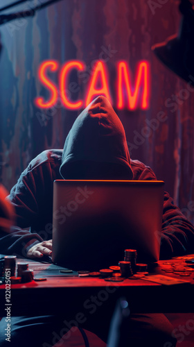 Dark Room Crypto Hacker with Laptop and Coins