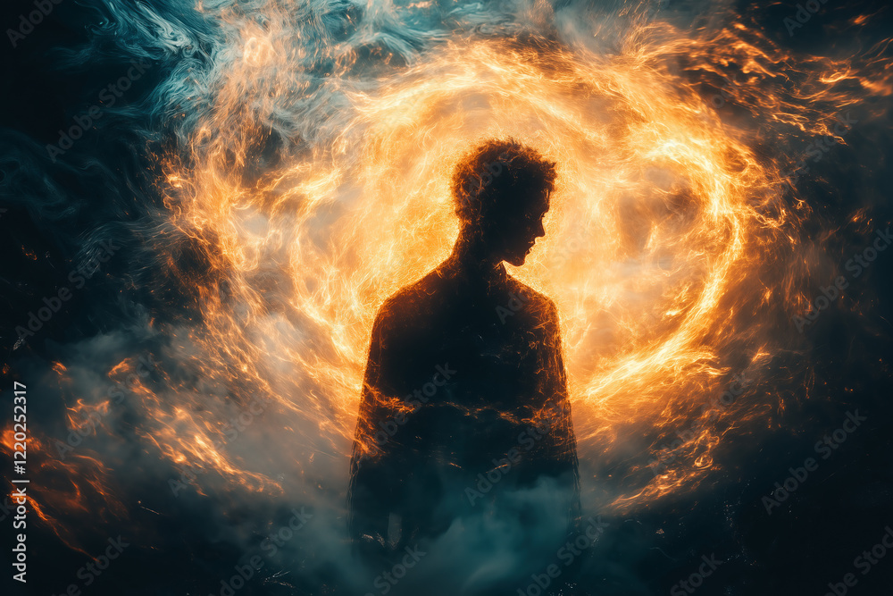 Abstract silhouette of a man surrounded by a cloud of fire Abstract silhouette of a man surrounded by a cloud of fire