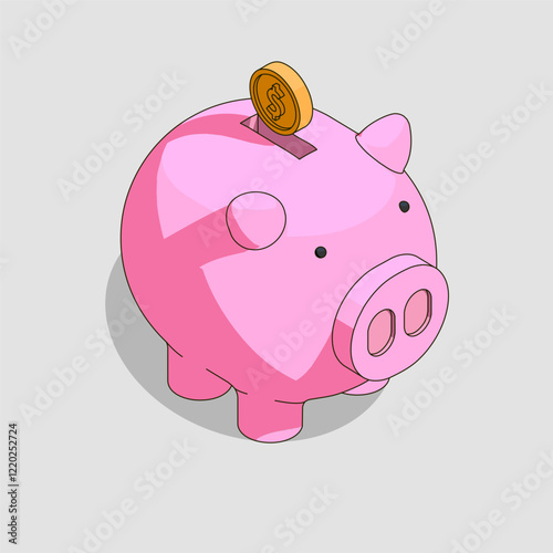 piggy bank with coins, Isometric perspective