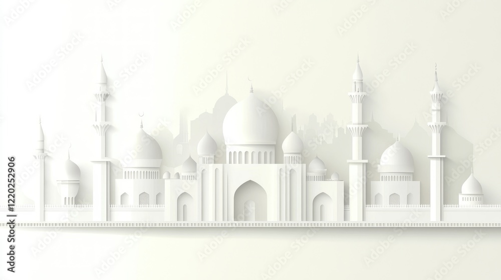 White Mosque Cityscape, Paper Cut Design White Mosque Cityscape, Paper Cut Design