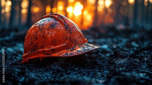 Dirty orange hard hat sits on burnt ground in forest fire aftermath at sunset. photo