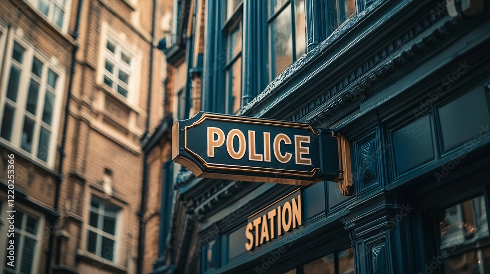 STATION Close-up of a police station sign mounted on the building's facade. Police station building STATION Close-up of a police station sign mounted on the building's facade. Police station building