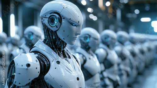 Futuristic humanoid robots with glowing blue eyes standing in a row in a factory