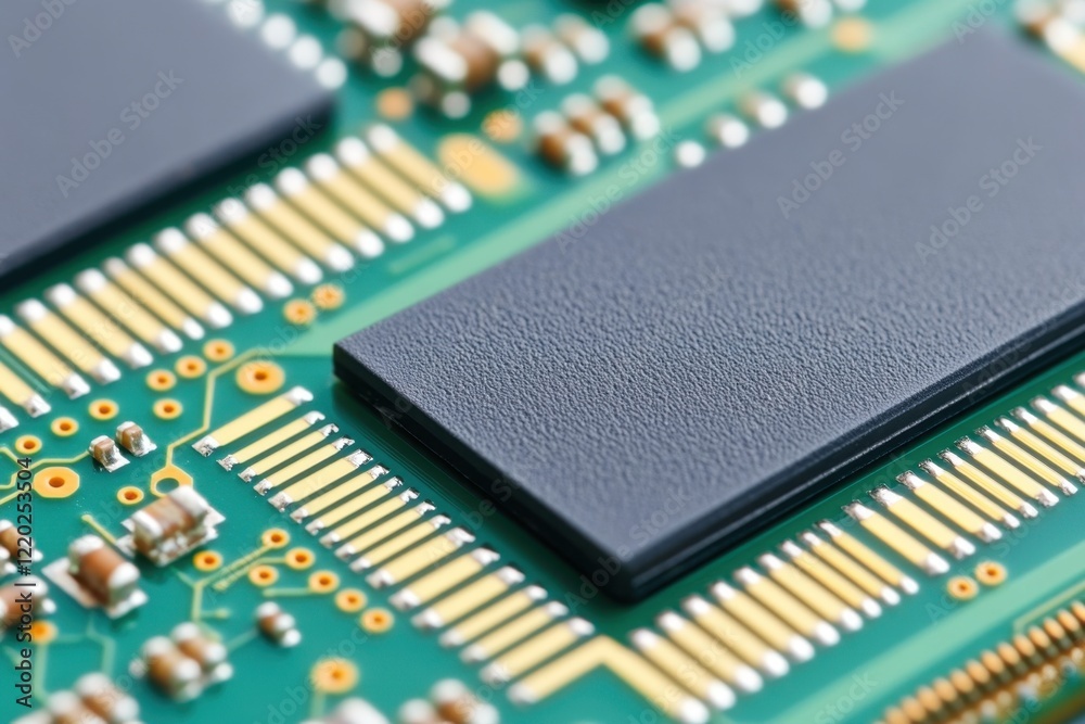 A close-up view of a circuit board showcasing intricate connections, chips, and components designed for electronic devices. A close-up view of a circuit board showcasing intricate connections, chips, and components designed for electronic devices.