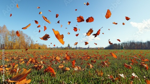 Autumn leaves swirling, park, church background, fall design photo