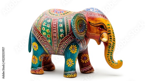 A colorful wooden elephant figurine intricately carved with detailed patterns, isolated on a clean white background.