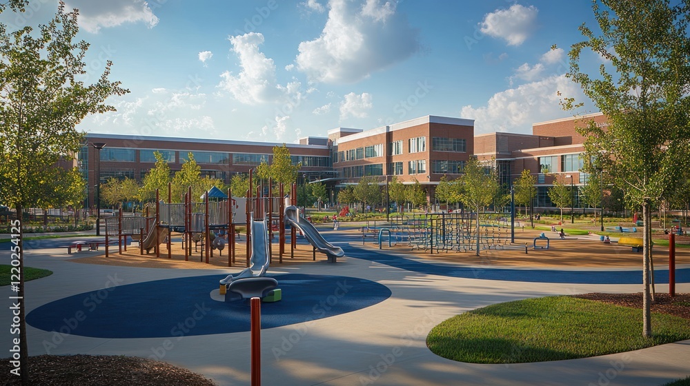 Obraz premium Modern school playground with slides, climbing structures, and blue safety surfacing.