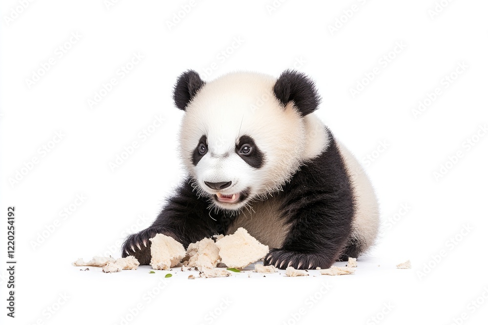Naklejka premium Playful panda cub joyfully interacts with a pile of bamboo, showcasing its playful nature in a bright setting