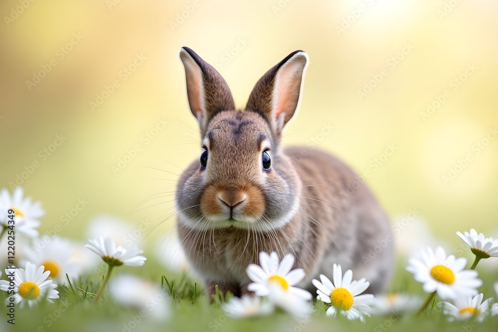 Fototapeta premium Adorable Brown Dwarf Rabbit Nestled Peacefully with White Daisies in Sunny Meadow
