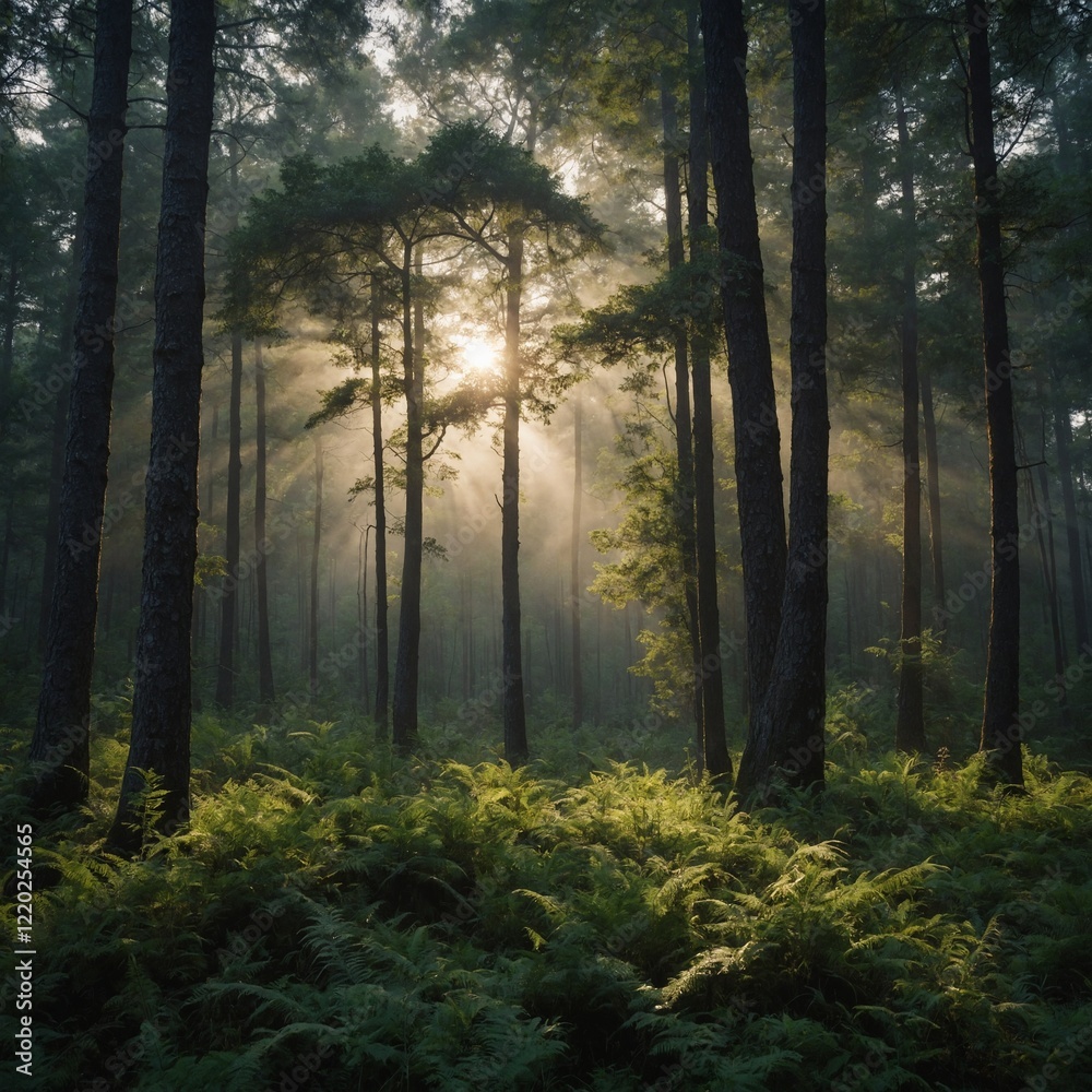 Obraz premium Describe the sounds of a forest in the early morning, just after sunrise.