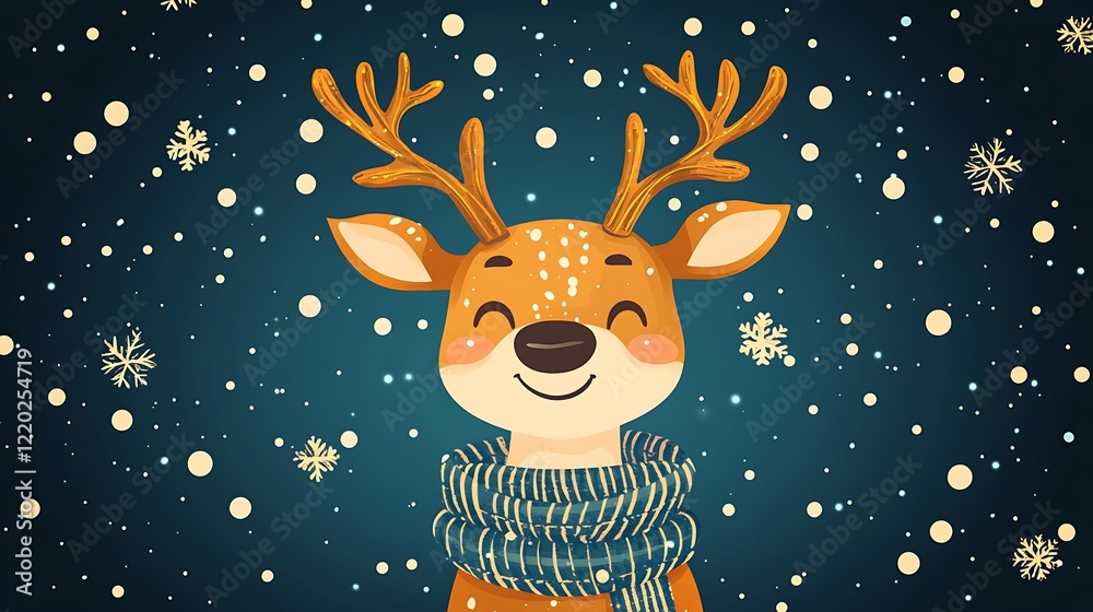 Fototapeta premium Cute reindeer in scarf, snowy night, festive holiday greeting card