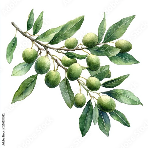 Wallpaper Mural A detailed illustration of a green olive branch with ripe olives and lush leaves on a white background Torontodigital.ca