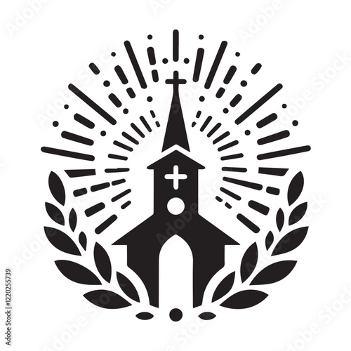 A stylized, black and white vector illustration of a charming church perched atop a grassy hill