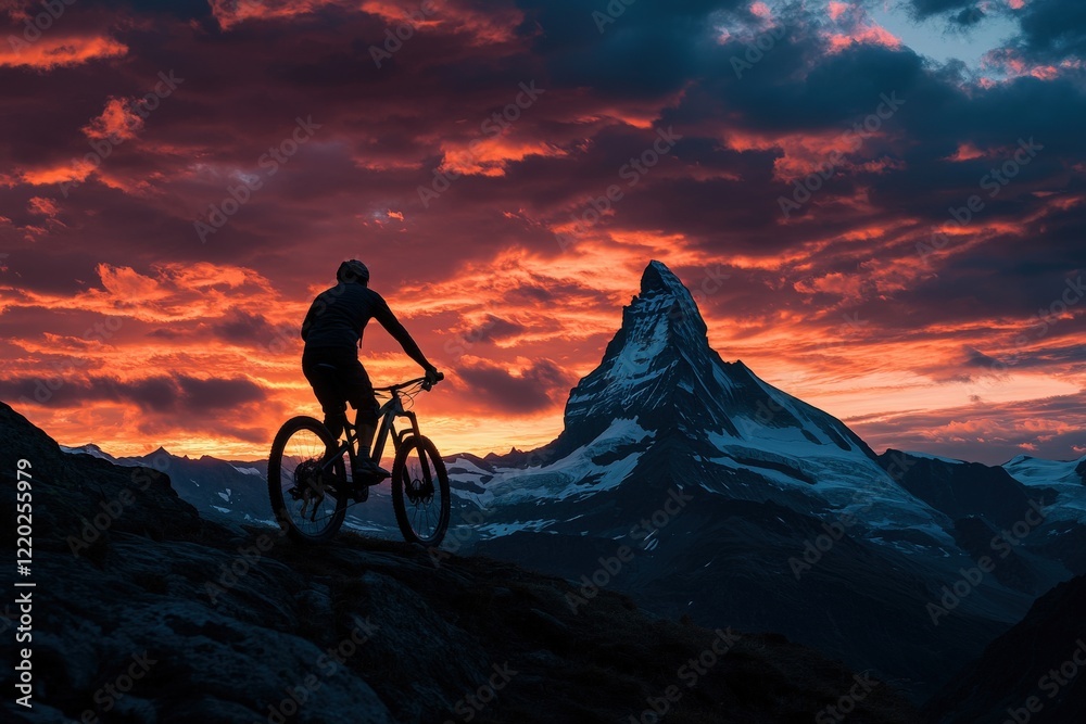 Fototapeta premium A mountain biker silhouetted against a dramatic sky, with the iconic Matterhorn summit in the background, symbolizing adventure and exploration during summer biking season