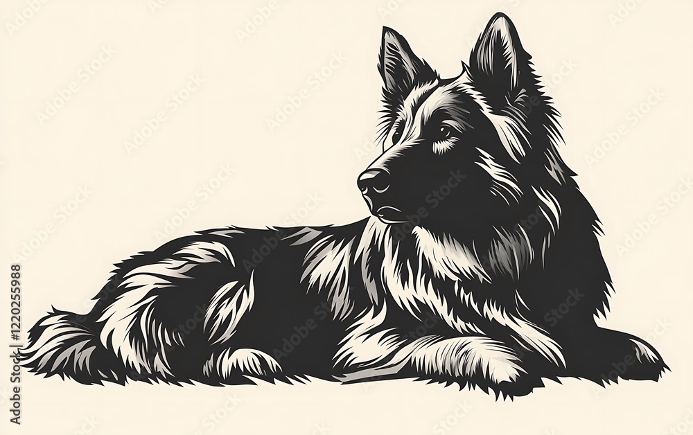 Fototapeta premium German Shepherd dog lying down, alert, simple background, ideal for pet-related designs