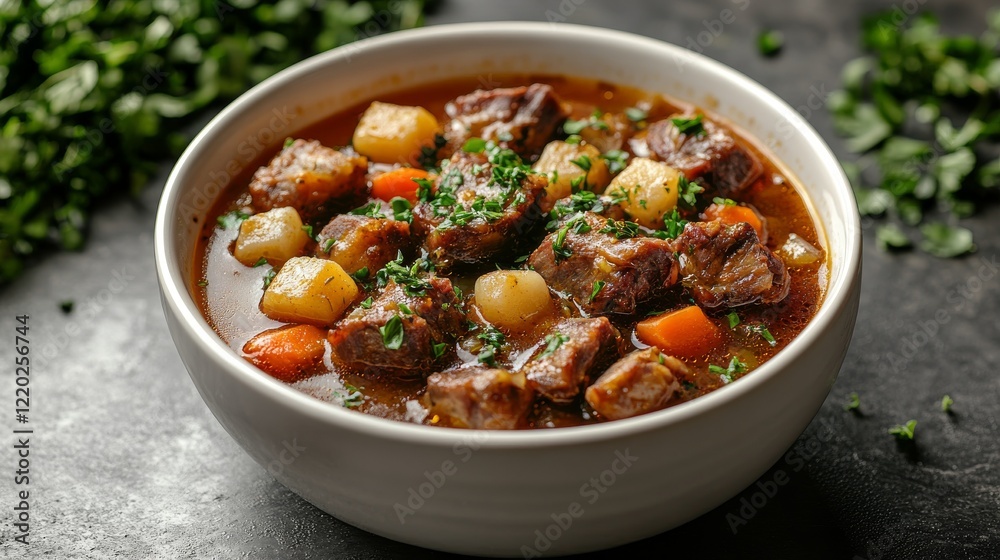 Hearty beef stew with potatoes and carrots in a white bowl. Hearty beef stew with potatoes and carrots in a white bowl.