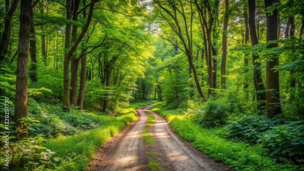 Fototapeta premium dirt road meandering through dense foliage, leafy greens, woodland path, leafy greens