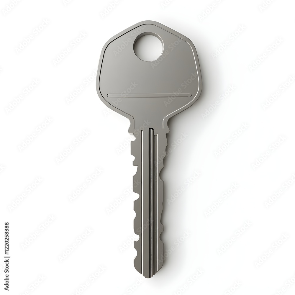 High-Resolution Close-Up of a Modern Silver Key Isolated on a White Background, Ideal for Security and Home Access Themes High-Resolution Close-Up of a Modern Silver Key Isolated on a White Background, Ideal for Security and Home Access Themes