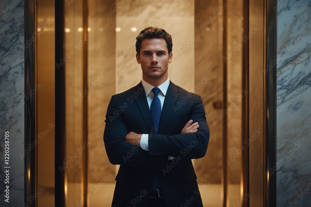 Portrait of a well-dressed, handsome executive in the lobby of an office building Portrait of a well-dressed, handsome executive in the lobby of an office building