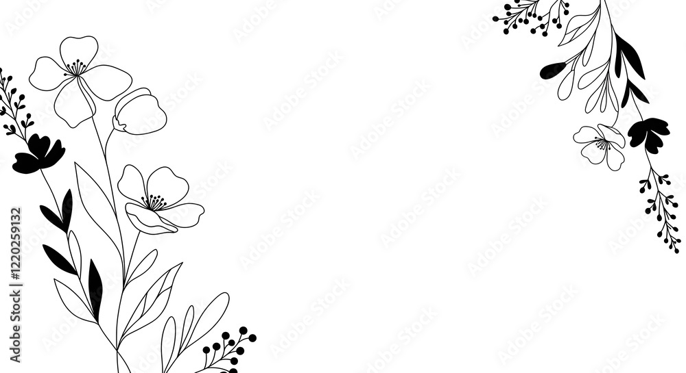 Minimalist line-art flowers and leaves in black and white for a chic, modern look Minimalist line-art flowers and leaves in black and white for a chic, modern look