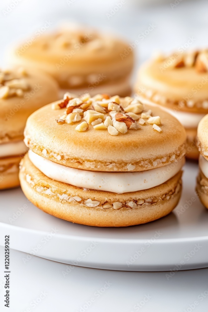 Baklava cream sandwich cookies elegantly displayed on a white plate, showcasing a delightful treat perfect for gatherings and celebrations
