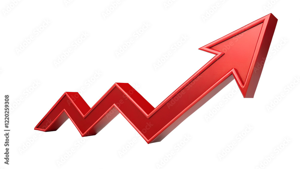 Create a bold, impactful 3D illustration of a sharp, arrow trending upward in a zigzag pattern. Create a bold, impactful 3D illustration of a sharp, arrow trending upward in a zigzag pattern.
