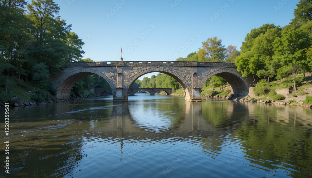 Old stone bridge over the river with reflections and surrounding trees in a scenic European town Old stone bridge over the river with reflections and surrounding trees in a scenic European town