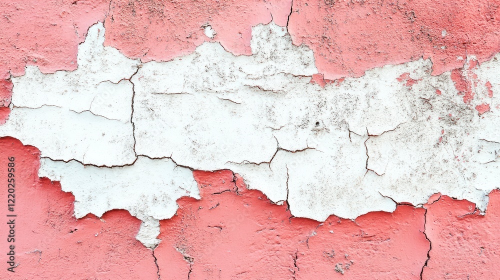Obraz premium A close-up of an old red plaster wall with visible cracks, painted in shades of pink and white. The texture is rough and textured