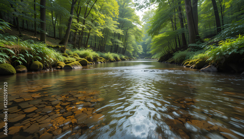 Flowing stream in a green forest with rocks and trees, surrounded by nature and mountains photo