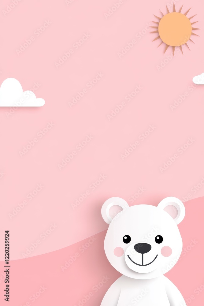 Delicate pastel pink illustration featuring a cheerful bear under a sun with clouds perfect for children's decor or nursery themes Delicate pastel pink illustration featuring a cheerful bear under a sun with clouds perfect for children's decor or nursery themes