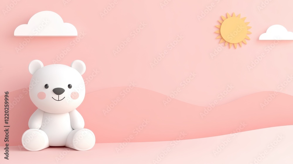 custom made wallpaper toronto digitalWarm pastel illustration featuring a cute teddy bear sitting on a soft pink background with clouds and a cheerful sun shining bright in the corner