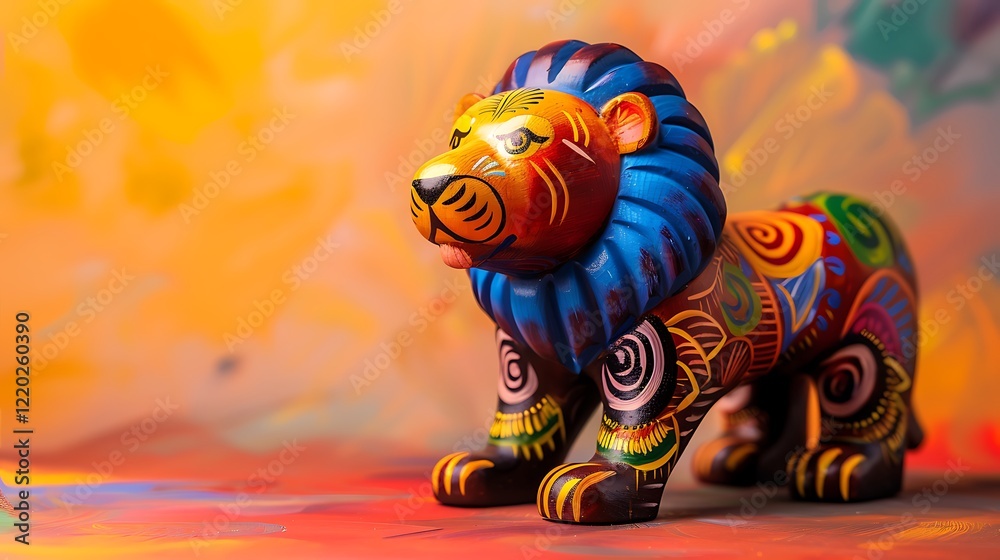 Obraz premium A majestic wooden lion figurine painted with bright hues, isolated against a soft gradient backdrop.