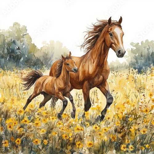 A brown horse and its foal galloping through a vibrant field of yellow flowers under a clear sky
