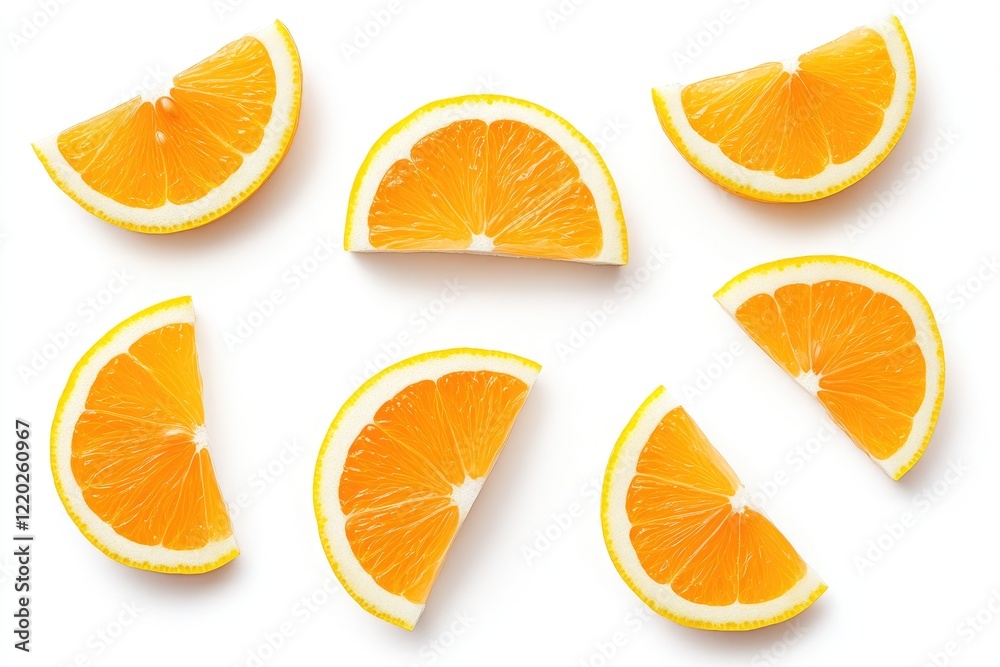Fototapeta premium Freshly cut orange slices arranged artistically on a white background, ideal for food photography