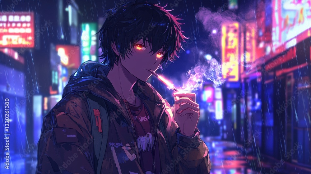 Naklejka premium Stylish anime young male in a modern jacket, smoking a glowing cigarette under a night sky full of stars. The scene is set in a neon-infused street, with neon signs reflecting on the wet pavement