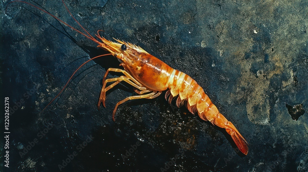 Close-up of a single shrimp on the grill, photographed from above Close-up of a single shrimp on the grill, photographed from above
