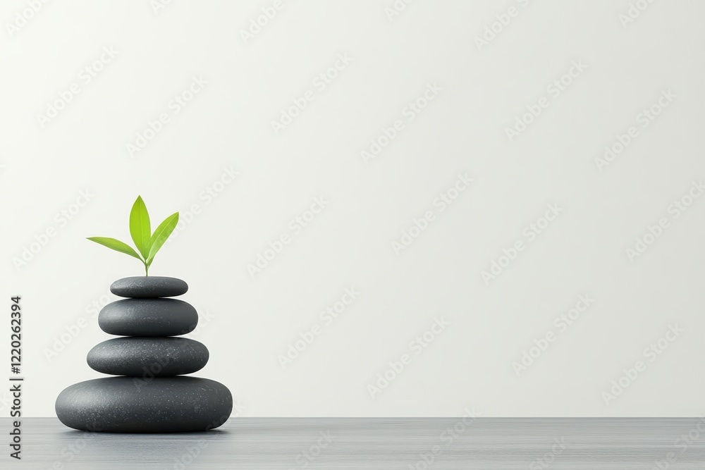 Minimalist arrangement of stacked stones with a sprouting green plant on a simple surface accentuates tranquility and harmony in a Japanese-inspired art style Minimalist arrangement of stacked stones with a sprouting green plant on a simple surface accentuates tranquility and harmony in a Japanese-inspired art style