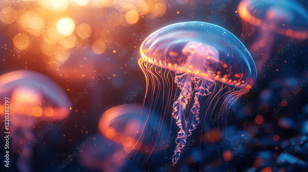 Naklejka premium Ethereal Jellyfish: A luminous jellyfish with intricate tendrils floats gracefully in a mesmerizing underwater world bathed in the warm glow of the setting sun.