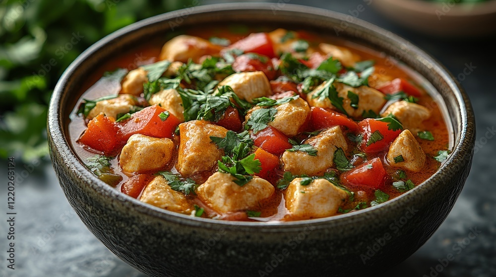 Close-up of a bowl of spicy chicken stew with red peppers and cilantro. Close-up of a bowl of spicy chicken stew with red peppers and cilantro.