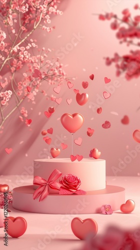 Romantic Pink Heart Theme Wedding Cake with Floral Decorations