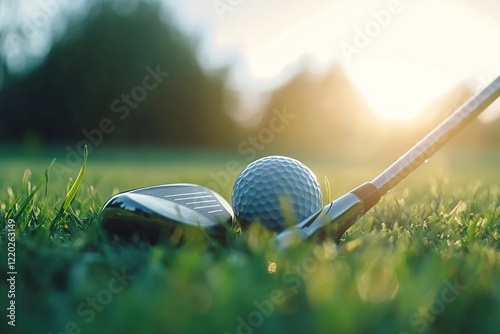 Close-up of two golf clubs and a golf ball on a background of green grass against the sunset. A golf ball and a wooden handle on a background of green grass. photo