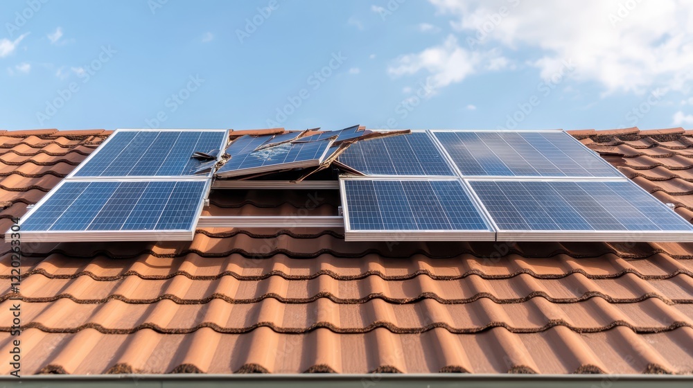 The damaged photovoltaic solar panels on the rooftop serve as a clear indication of the effects of severe weather events and highlight the urgent need for maintenance The damaged photovoltaic solar panels on the rooftop serve as a clear indication of the effects of severe weather events and highlight the urgent need for maintenance